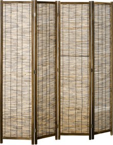 HOMCOM Biombo de 4 Painéis Separador de Ambientes Dobrável 160x1,8x170 cm Divisor de Ambientes de Madeira e Caniço Madeira | Aosom Portugal