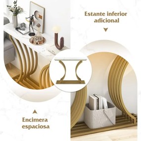 Mesa de consola moderna de 100 cm com tampo em mármore sintético e pernas metálicas geométricas para sala de estar dourada