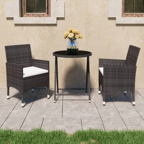3 pcs conj. bistrô de jardim vime PE e vidro temperado castanho