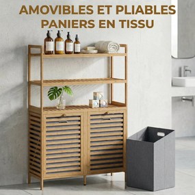 Móvel de casa de banho 80 L x 30 P x 118 A cm com cesto de roupa suja em bambu, com 2 cestos amovíveis e prateleiras de 3 níveis, em cor carvalho
