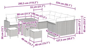 Conjunto de Sofá Jardim de 12 Peças com Almofadas Cinza Rattan Poliést