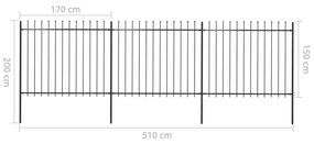 Cerca de jardim com topo em lanças 5,1x1,5 m aço preto