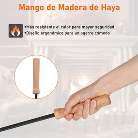 Conjunto de 4 utensílios para lareira com atiçador, pá, escova e suporte. Utensílios com cabo de madeira preta e natural.