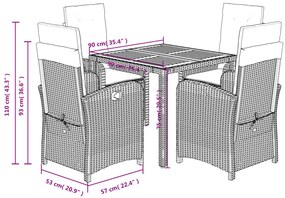 5 pcs conjunto de jantar p/ jardim c/ almofadões vime PE cinza