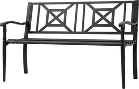 Banco de jardim de 2 lugares 128 x 62,5 x 81,5 cm, para exterior, terraço ou pátio, encosto alto, assento com ripas, braços confortáveis, aço, preto