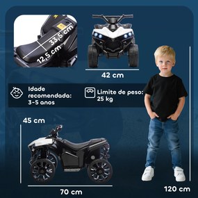 Moto 4 Elétrica Infantil 6V Quad para Crianças dos 37 aos 72 Meses Velocidade até 3 km/h Faróis e Música 70x42x45 cm Branco