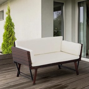 Sofá de 2 Lugares Vime Sintético Convertível em Cama Sofá de Jardim Exterior com Almofada Mobiliário Pátio Terraço 129x63x67 cm Castanho e Bege