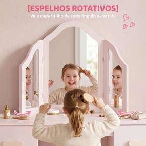 Toucador Infantil de Maquilhagem com Banco, 3 Espelhos Amovíveis, 2 Gavetas, 2 Armários e 7 Acessórios, Rosa, +3 Anos