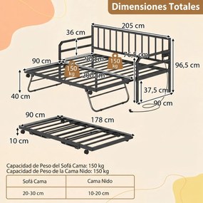 Sofá-cama individual com luzes LED205 x 90 x 96,5 cm (COLCHÕES NÃO INCLUIDOS), base metálica e cama extra extraível, estação de carregamento integrada