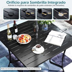 Mesa quadrada de jardim para 4 pessoas com orifício para guarda-sol 91 x 91 x 73 cm, estrutura ajustável em metal, tampo em ripas, ideal para varandas