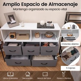 Cômoda com 5 gavetas 100 x 30 x 78 cm, 2 caixas grandes de tecido, 3 caixas médias e gavetas dobráveis de tecido Branco