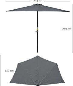 Guarda-sol semicircular para varanda com 5 travessas metálicas e suporte incluído, 2,93 x 1,5 x 2,49 m, poliéster de alta densidade, cinzento