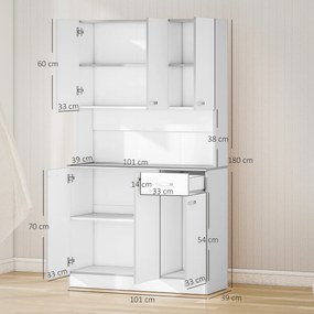 Armario de cozinha 101 x 39 x 180 cm contemporâneo com várias opções de arrumação, 6 portas, 1 gaveta + tabuleiro grande Branco