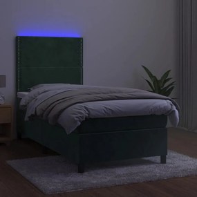 Cama box spring c/ colchão/LED 90x190 cm veludo verde-escuro