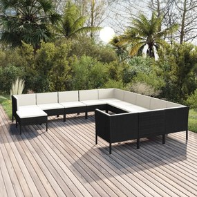 vidaXL 12 pcs conjunto lounge de jardim c/ almofadões vime PE preto