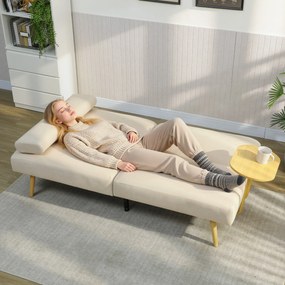 Sofá Cama de 3 Lugares com Mesa Auxiliar 3 em 1 com Encosto Ajustável Abertura Click-Clack 196x86x81 cm Bege