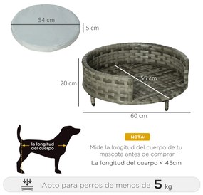 Sofá Cama para Cães e Gatos de Vime PE Cama Elevada Redonda para Animais de Estimação com Almofada Suave Lavável para Interior e Exterior 60x60x20cm C