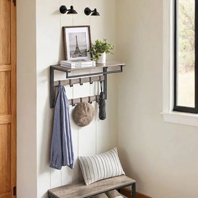 Cabide de parede com prateleira e 10 ganchos removíveis 30 x 65 x 42 cm cinza + preto