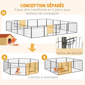 Parque para cães, recinto para cães com 16 painéis modulares e dobráveis, portátil, em aço, com portas de 80 x 60, cinzento
