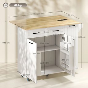 Carrinho de Cozinha, Ilha de Cozinha com Rodas com Tomada USB Bancada Rebatível 2 Gavetas 119,5x74x94,5 cm Branco