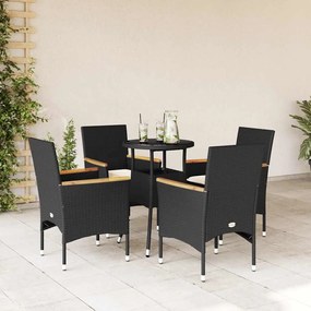 vidaXL 5 pcs conjunto jantar jardim c/ almofadões vime PE/vidro preto