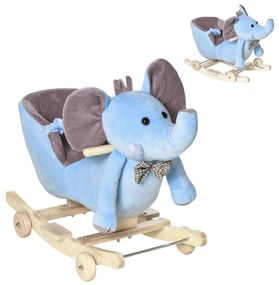 HOMCOM Cavalo Baloiço com Rodas e Forma de Elefante Cavalo Baloiço para Bebés acima de 18 Meses com Músicas Infantis e Cinto de Segurança Carga Máxima 60 kg 60x35x45 cm Azul