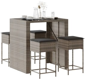 vidaXL 5 pcs conjunto de bar p/ jardim c/ almofadões vime PE cinzento