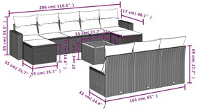 11 pcs conjunto sofás de jardim c/ almofadões vime PE preto