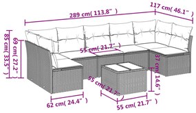 8 pcs conj. sofás jardim c/ almofadões vime PE cinzento-claro