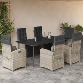 7 pcs conj. jantar p/ jardim c/ almofadões vime PE cinza-claro