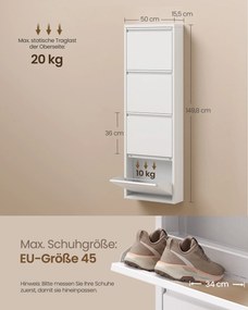 Sapateira estreitapara sapatos 50 x 15,5 x 149,8 cm, com quatro abas e fecho magnético, branca