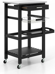 Carrinho de cozinha 47 x 39 x 85 cm de 4 níveis com bancada de metal Gaveta removível Cesto Bandeja móvel Preto