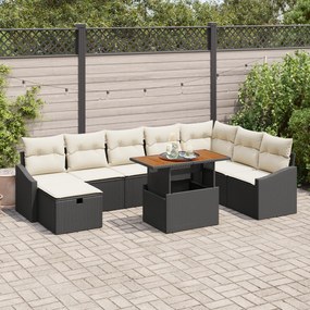 Conjunto de Sofá de Jardim de 9 Peças com Almofadas Preto Vime Poliést