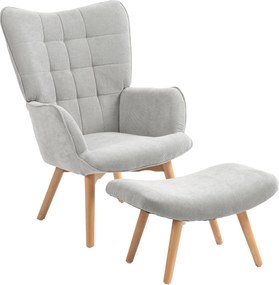 Poltrona com apoio para os pés, encosto alto, pés de madeira e tecido com efeito de veludo cotelê, para sala de estar ou quarto, cinzenta