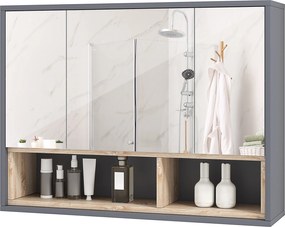 Móvel de casa de banho parede com espelho 80 x 20 x 60 cm, com 3 portas e 8 compartimentos, cinzento