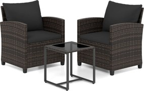 Conjunto de 3 móveis de rattan para jardim, com 2 cadeiras, mesa de vidro e almofadas pretas com capas removíveis, para jardim, terraço ou piscina Cas
