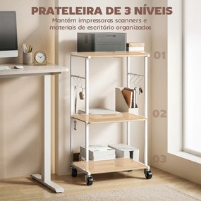 Suporte para Impressora de 3 Níveis com Rodas, Móvel com Ganchos e Estrutura Metálica 43x30x82 cm Madeira