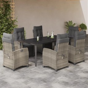 7 pcs conj. jantar p/ jardim c/ almofadões vime PE cinza-claro