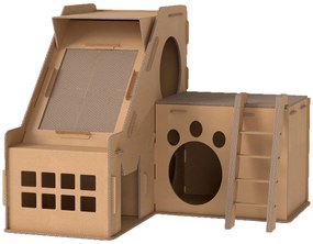 Arranhador para Gatos em Forma de Castelo 2 em 1 com 2 Áreas para Arranhar Catnip Rampa e Escada  67x66x57 cm Castanho