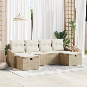vidaXL Conjunto de Sofá de Jardim de 6 Peças com Almofadas Bege em Rattan de Poliéster