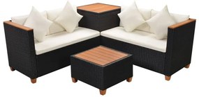 4 pcs conjunto lounge de jardim c/ almofadões vime PE preto