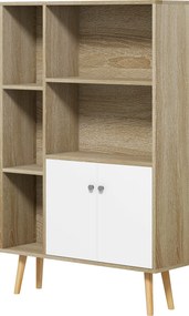 Estante escandinava, 80 x 23,5 x 123  cm, 5 compartimentos abertos, armário com 2 portas, pés afilados e inclinados cor de carvalho