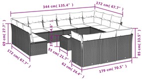 14 pcs conjunto sofás p/ jardim c/ almofadões vime PE castanho