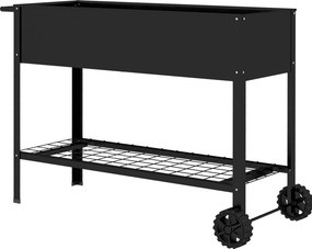 Floreira com pés para horta, 109 x 39 x 80 cm, prateleira, 2 rodas + sistema de rega em metal preto