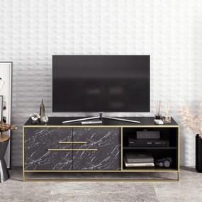 Móvel TV SIENA, bilaminado mármore preto com metal dourado, 160 cms