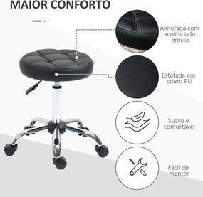 Banco Giratório com Rodas Altura Ajustável entre 48-63cm Banco de Trabalho Estofado em Couro PU para Salão Dentista Diâmetro Ø35,5cm Preto