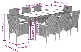 9 pcs conjunto jantar jardim com almofadões vime PE/vidro bege