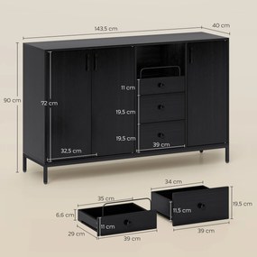 Aparador com 3 Portas e 3 Gavetas Prateleiras Ajustáveis para Cozinha, Entrada Sala de Jantar Quarto 143,5x40x90 cm Preto