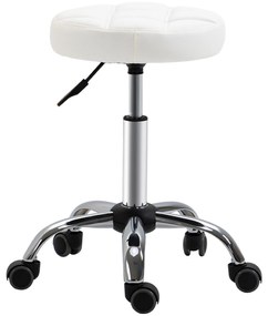 HOMCOM Banco Giratório com Rodas Altura Ajustável entre 48-63cm Banco de Trabalho Estofado em Couro PU para Salão Dentista Diâmetro Ø35,5cm Branco