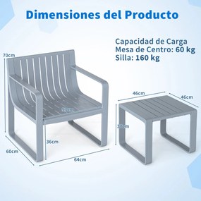 Conjunto de móveis de jardim de 2 peças Cadeira PP com mesa e cadeira de ripas Bistro para alpendre e jardim Cinzento
